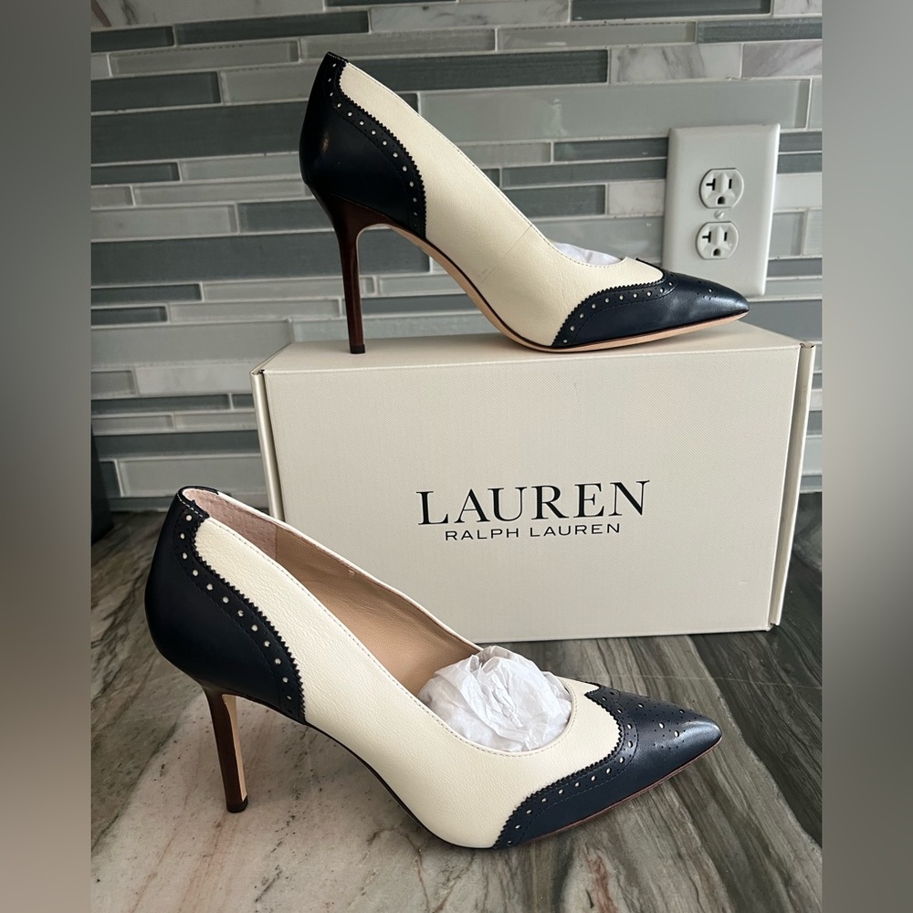 Ralph Lauren Black and Cream Two-Tone Pointed Toe Heels